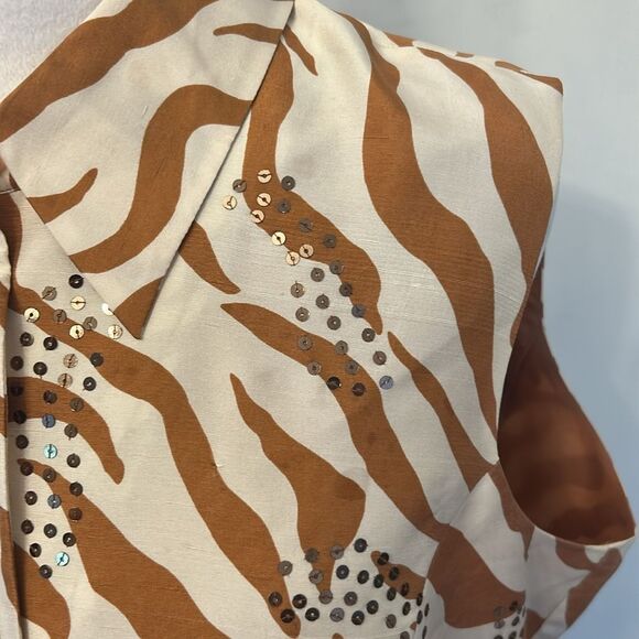 ICE Brown and White Button front Collared Sleeveless Blouse Size L EUC - Picture 5 of 9